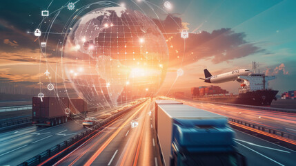 dynamic transportation and logistics concept, showcasing various modes of freight transport such as trucking and aviation, integrated with digital connectivity and global networking.