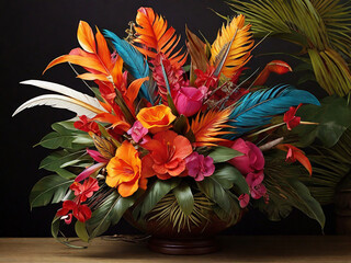 Vibrant Tropical Flower Arrangement with Feathers