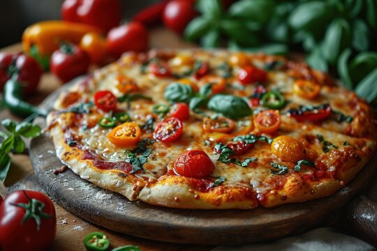 Pizza with mozzarella cheese, cherry tomatoes, peppers and basil. Diavola. Cheese Pull. Diavola Pizza on a Background with copyspace.