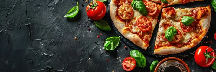 Fototapete Rund Pizza with mozzarella cheese, cherry tomatoes, peppers and basil. Diavola. Cheese Pull. Diavola Pizza on a Background with copyspace. © John Martin
