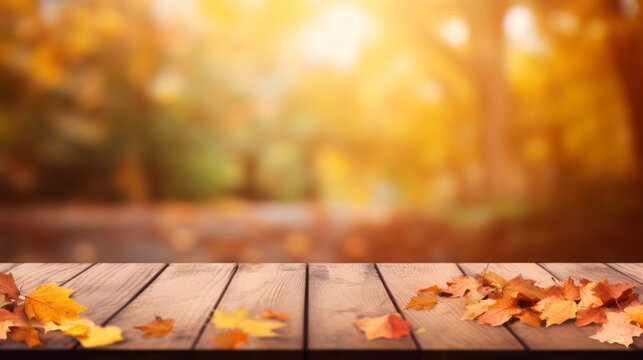 Wooden table on blurred with autumn leaves bench background for mock up and montage product display advertisement.