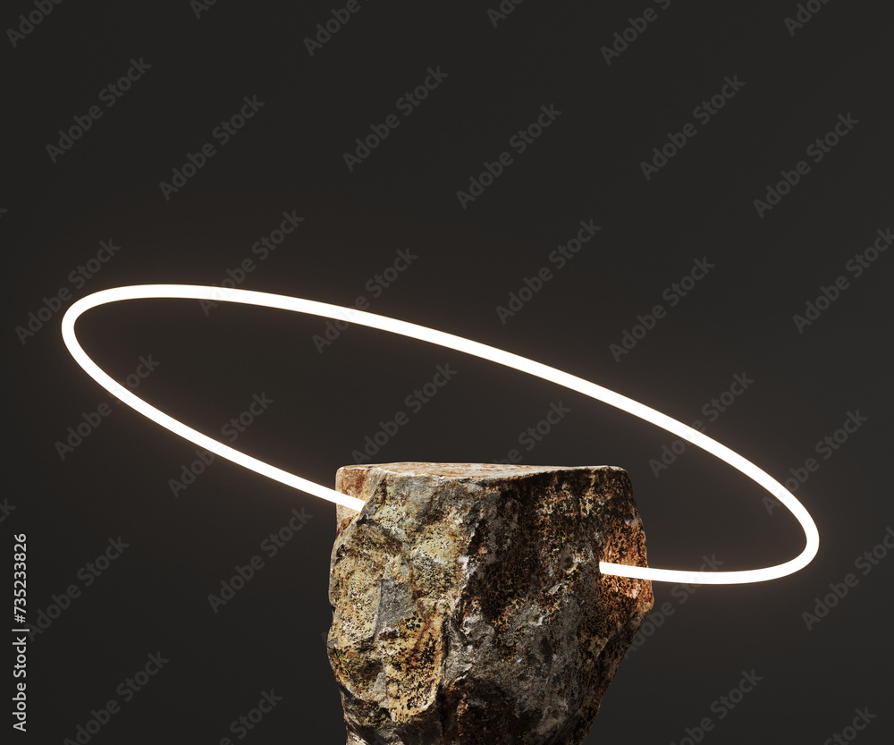 Poster minimal mockup concept for cosmetic product presentation. stone podium and glowing round portal on g