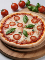 Photo Of Italian Pizza, Round Pizza Margherita On A Wooden Board, Isolated On A White Background.