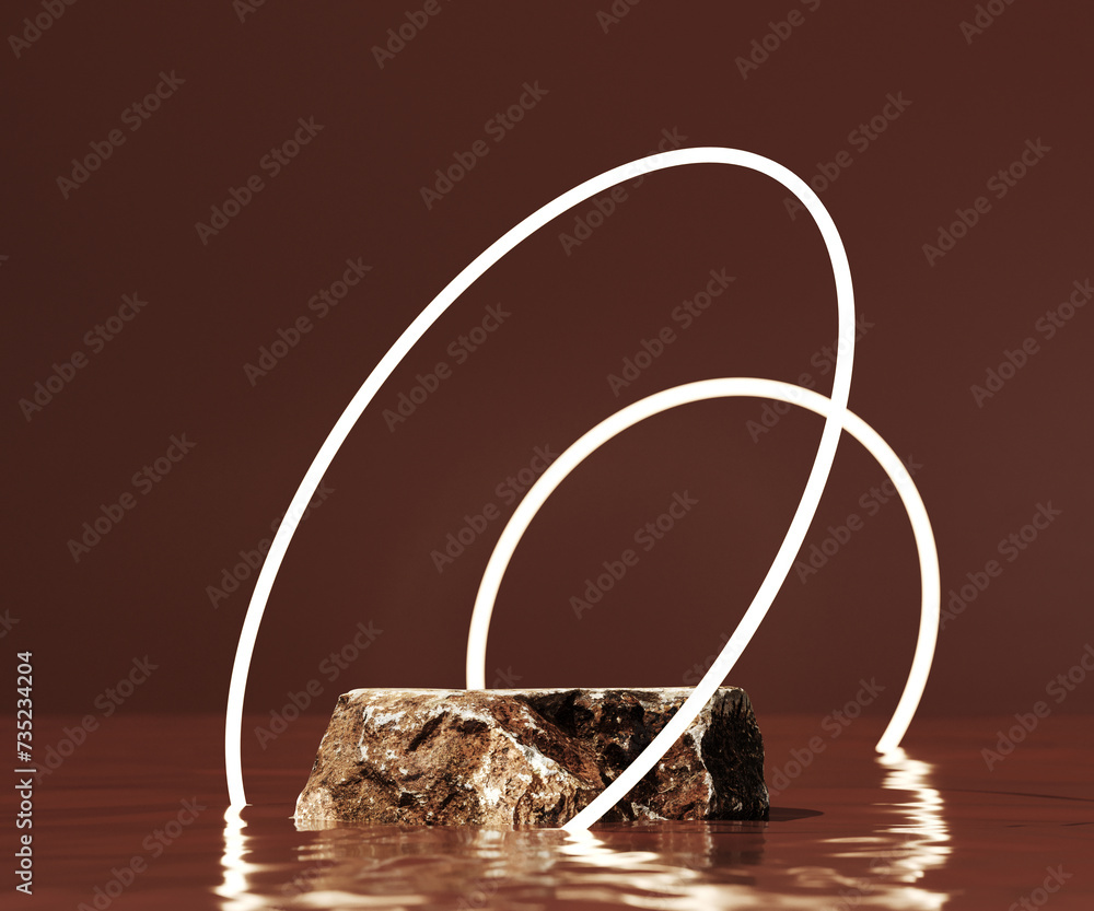 Poster minimal mockup concept for cosmetic product presentation. stone podium and glowing round portal on r