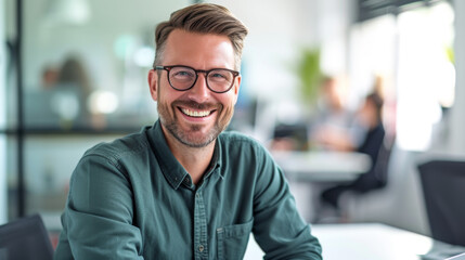 A smiling man with glasses is sitting in a casual office setting, exuding confidence and satisfaction.