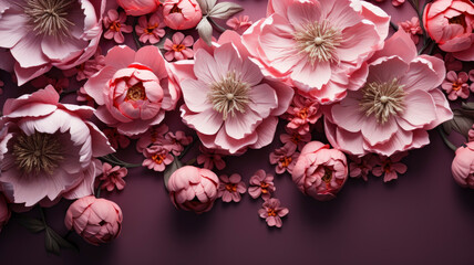 Spring volumetric composition of a bouquet of pink red peonies, top view with copy space on a muted dark background