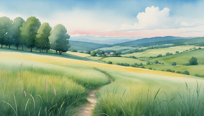 Serene grassland in pastel watercolor style