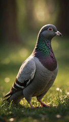 Close-up Portrait of an ordinary pigeon standing on green grass, warm and pleasant soft lighting in a forest with beautiful sunlight