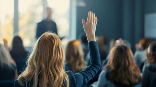 active participation at a conference or seminar, where attendees are raising their hands, likely to ask questions or vote on a discussion point.