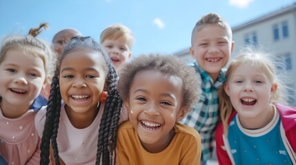 children smiling while all standing in a row