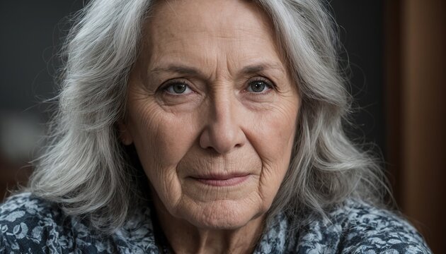 Primer plano de una mujer adulta mayor con una mirada observadora. Con pelo blanco