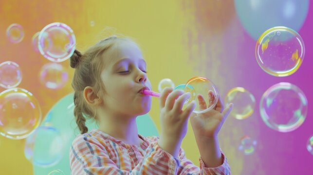 Cheerful Kid Blowing Bubbles in Front of Colorful Background AI Generated.