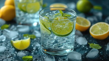 Fototapeta premium Fresh Lemonade, Cool Citrus Drink, Sparkling Lemon Water, Lemon-Infused Ice Cubes.