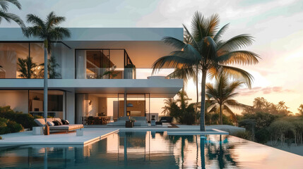 Fototapeta na wymiar White modern house at sunrise, pool, palm trees, exterior furniture. Generative AI.