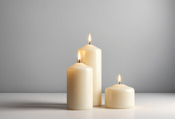 Fototapeta na wymiar Two white candles on bright background for product or text