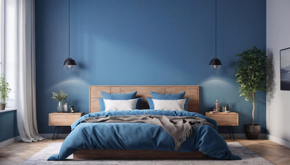 large Bedroom interior with modern minimal look blue colour scheme