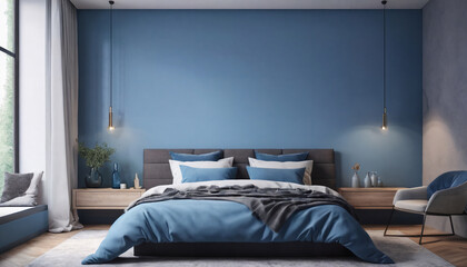 large Bedroom interior with modern minimal look blue colour scheme