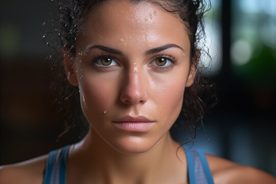 Face portrait of female athlete with sweat on skin