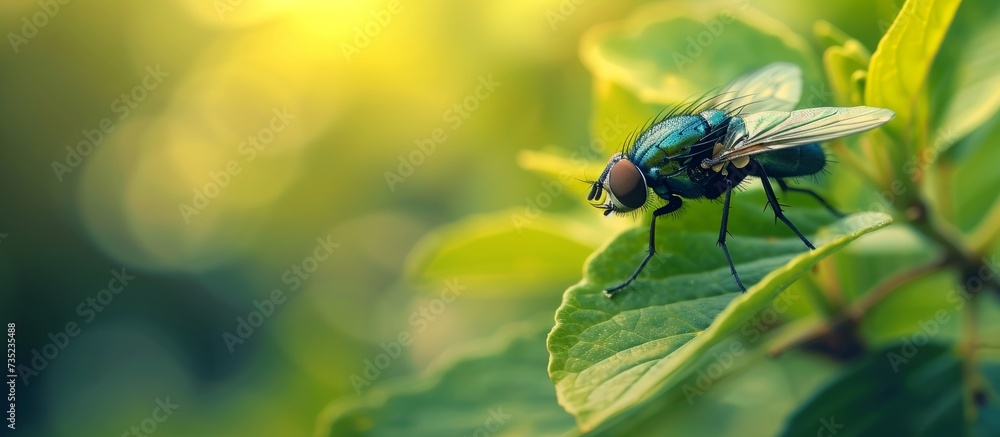 Poster Macro close-up of a tiny fly resting on a vibrant green leaf in the wilderness