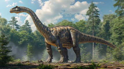 Diplodocus with very large, long-necked, long, whip-like tails, quadrupedal animals, wood background