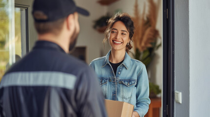 Fototapeta premium A cheerful woman receiving a package from a delivery man at her front door.