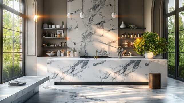 The kitchen with marble is the natural, in the style of luxurious wall hangings. Generative AI.