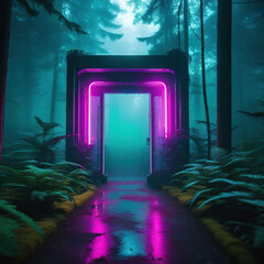 Mysterious forest door in the fog