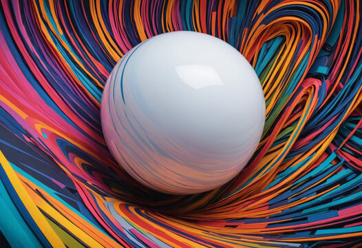 Vibrant abstract backdrop with geometric shapes, flowing lines, and a central white sphere - Powered by Adobe