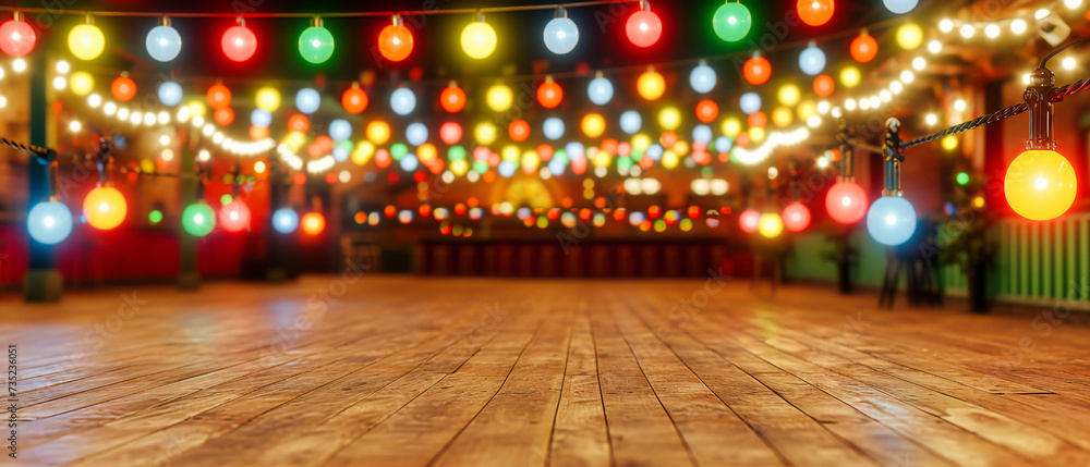 Poster rustic wooden background illuminated by soft bokeh lights, creating a warm and inviting atmosphere f