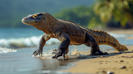 Fototapeta premium Komodo dragon running along the shore