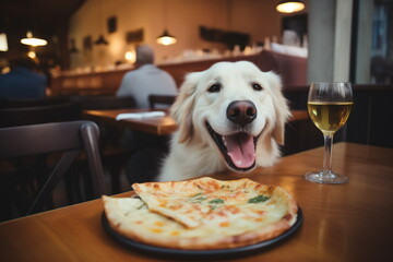 Happy smiling labrador retriever dog having pizza and wine in a glass at pet friendly pizzeria	