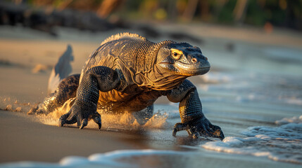 Komodo dragon running along the shore