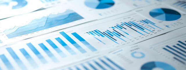 close-up of a collection of business documents with various types of charts and graphs