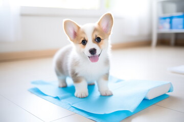 Happy baby puppy on diaper	
 - obrazy, fototapety, plakaty