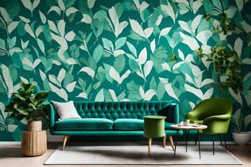 modern living room with sofa, Chair and turquoise sofa in green living room interior with leaves wallpaper and table. The room exudes a sense of tranquility and harmony, with lush greenery adorning 
