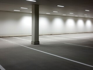Empty Parking Lot with Parking Spaces along Building Wall in White Background - Parking Space