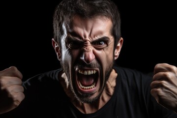 Angry Man Screaming: Isolated Face of a Frustrated Male Shouting in Anger on Black Background:
