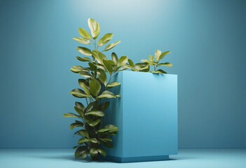 Elegant wooden podium with leaf accents and blue backdrop for showcasing products or messages