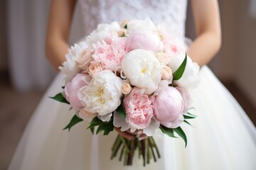 Closeup of a Beautiful Bride Holding a Peony Bouquet in Front of Pink Flower Arrangements and White