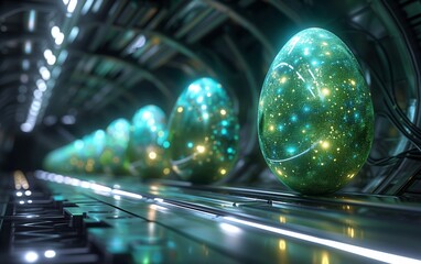 A futuristic, surreal Easter scene, with floating eggs 