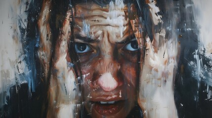A detailed painting depicting anxiety through close-up facial expressions
