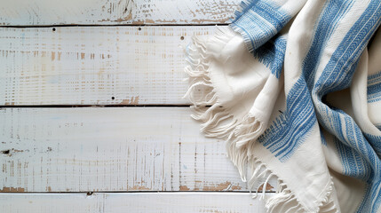 White washed wood background with linen towel