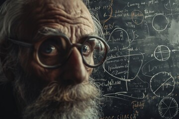 Portrait of man mathematic teacher, professor in glasses at school , university against blackboard with formulas.