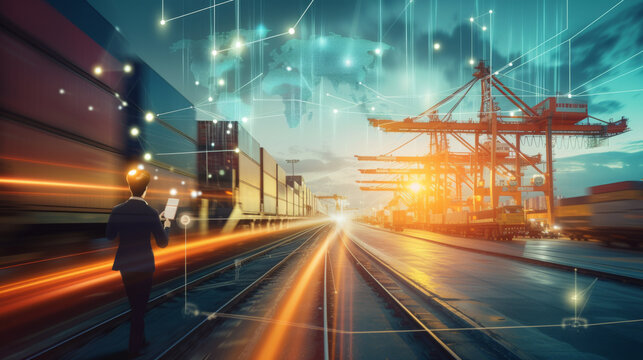 futuristic scene where a person is using augmented reality (AR) to interact with a complex interface, overlaid on a shipping port background.