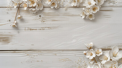 White washed wood background with white flowers