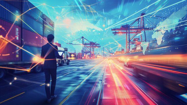 futuristic scene where a person is using augmented reality (AR) to interact with a complex interface, overlaid on a shipping port background.