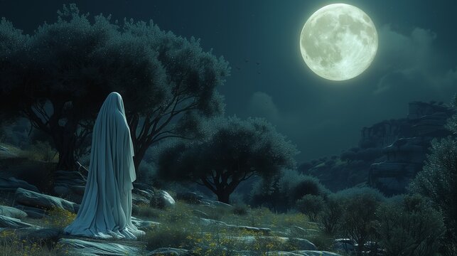 A photorealistic illustration of the Garden of Gethsemane at night, with a solitary figure in prayer, symbolizing Jesus's prayer before his arrest. 
