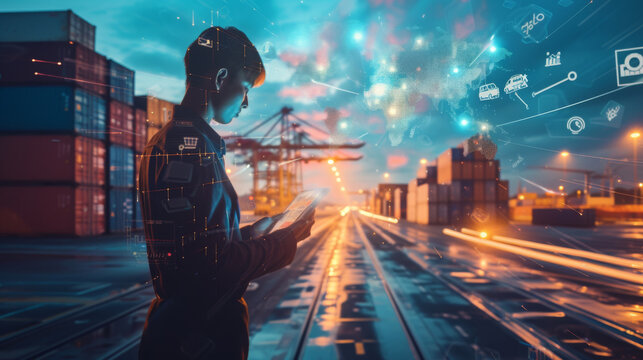 futuristic scene where a person is using augmented reality (AR) to interact with a complex interface, overlaid on a shipping port background.