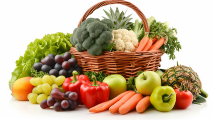 Fototapeta na wymiar An assortment of colorful fresh vegetables and fruits spilling out of a wicker basket, representing a healthy diet and nutrition.