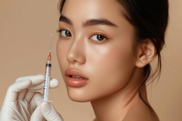 Young Asian woman with clean radiant skin gets botox injections for contour tightening, lip augmentation on a beige background. Spa care, facial skin care, beauty cosmetology